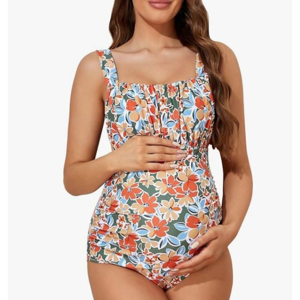 Floral Maternity One-Piece Swimsuit - Orange & Green
